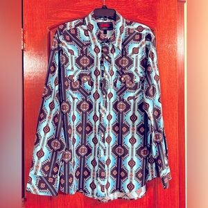 Men's Western Rock & Roll Denim Shirt Torquoise Aztec Print